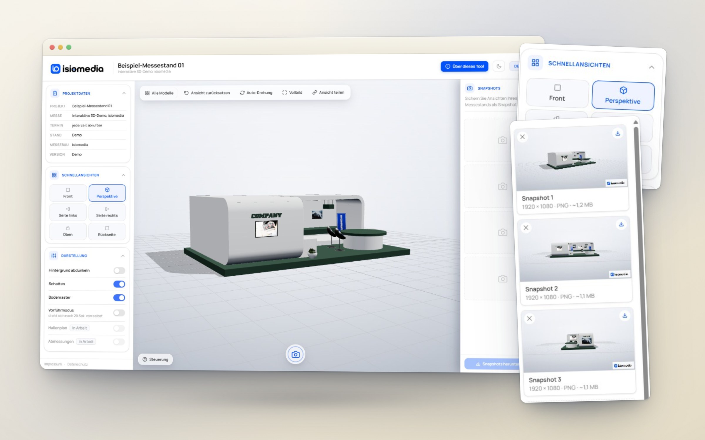 Der 3D-Messestand-Viewer mit Schnellansichten und Snapshot-Leiste