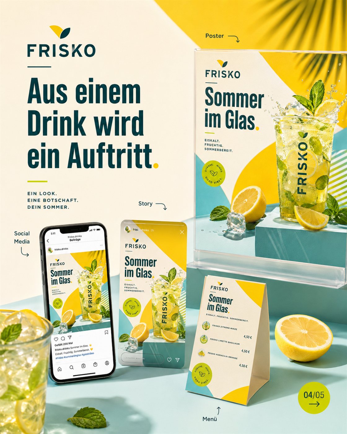 FRISKO · From drink to brand presence. Brand rollout: social media, story, poster, menu.