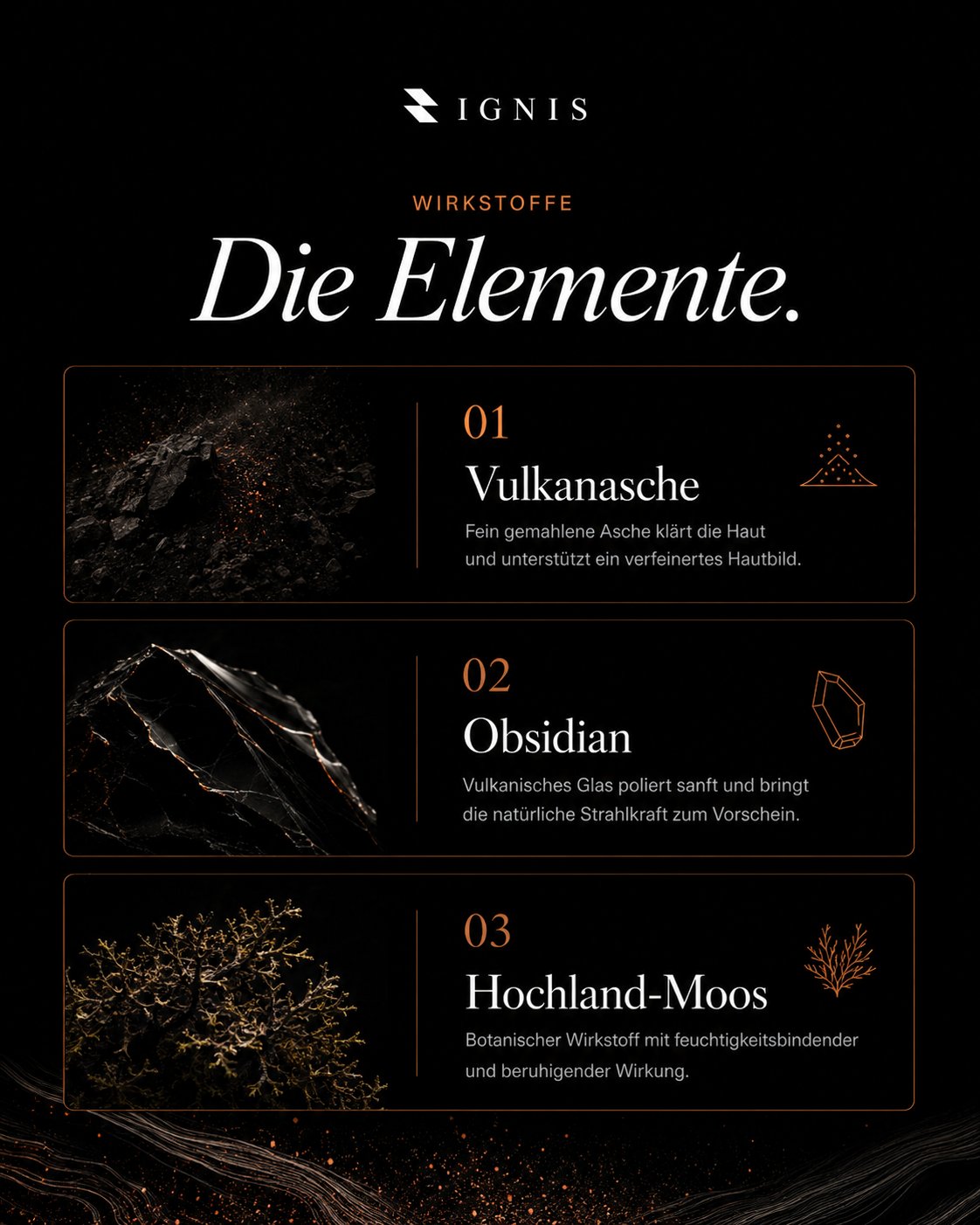 IGNIS · The elements: volcanic ash, obsidian, highland moss