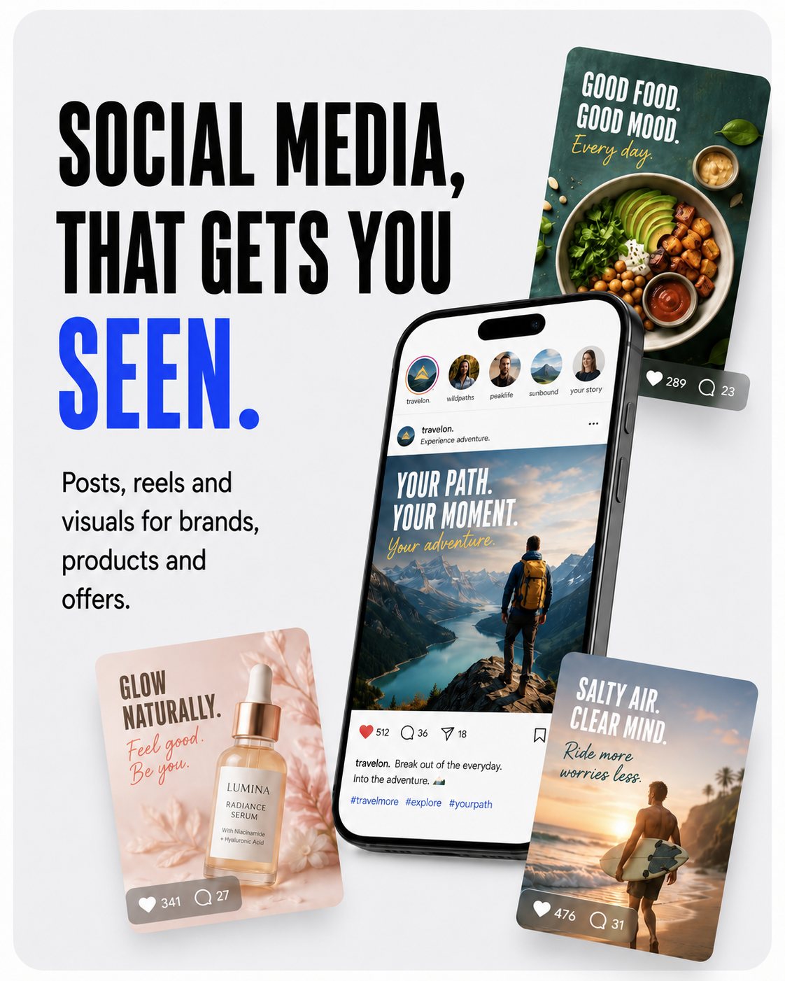 Social media and visuals: posts, reels and visuals for brands, products and offers